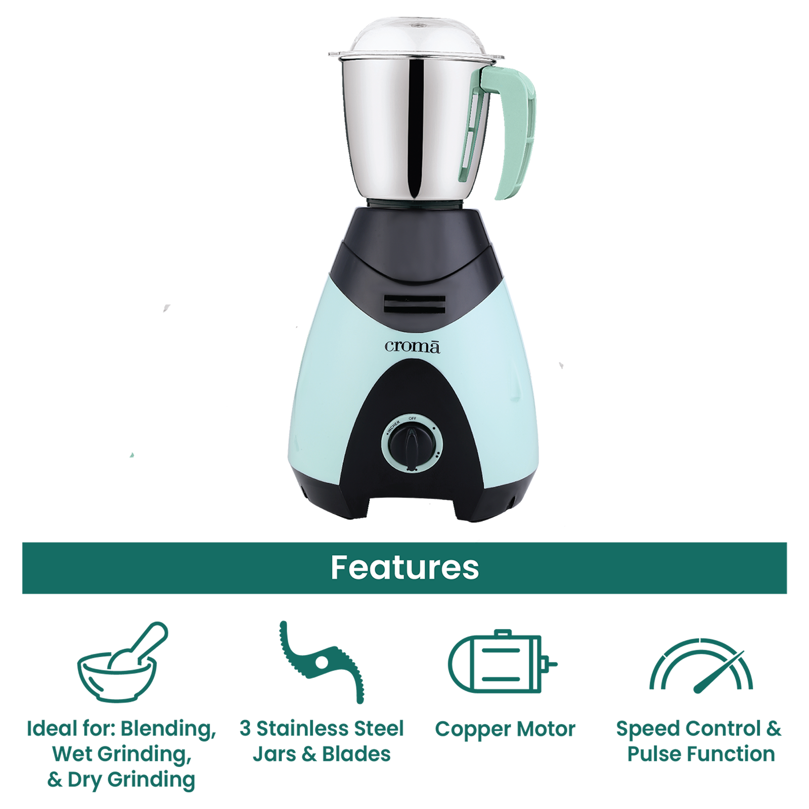 Buy Croma 750 Watt 3 Jars Mixer Grinder (19000 RPM, 3 Speed Control